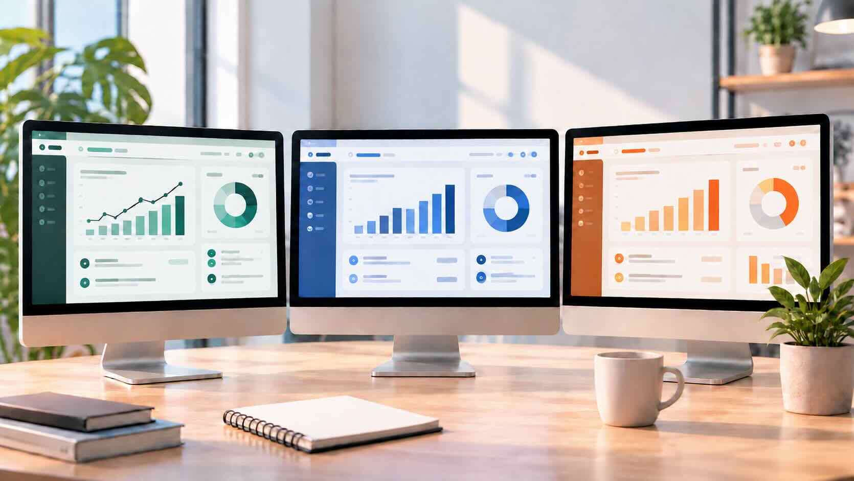 Modernes Büro mit drei Dashboard-Monitoren